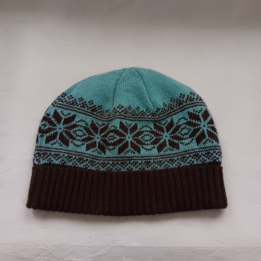 LL Bean Beanie Hat Aqua Blue Brown Angora Knit Winter Snowflake Cuffed